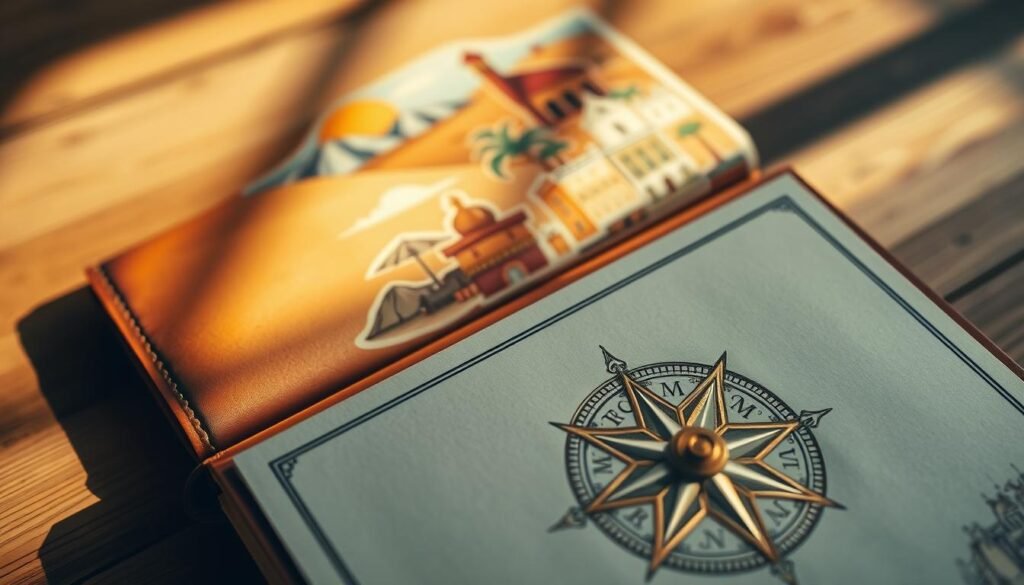 A serene overhead view of a handcrafted Moroccan travel itinerary map laid out on a leather-bound journal. In the foreground, a calligraphic compass rose guides the eye, etched in intricate gold filigree. Midground features vibrant watercolor illustrations of iconic Moroccan landmarks - the High Atlas mountains, the Sahara desert dunes, the bustling medinas of Fez and Marrakech. The background is softly blurred, with muted hues of terracotta, saffron, and indigo evoking the warm, earthy palette of the kingdom. Dramatic side lighting casts dramatic shadows, lending an air of adventure and discovery to the scene. A sense of personalized exploration and curated experiences permeates the meticulously planned itinerary.