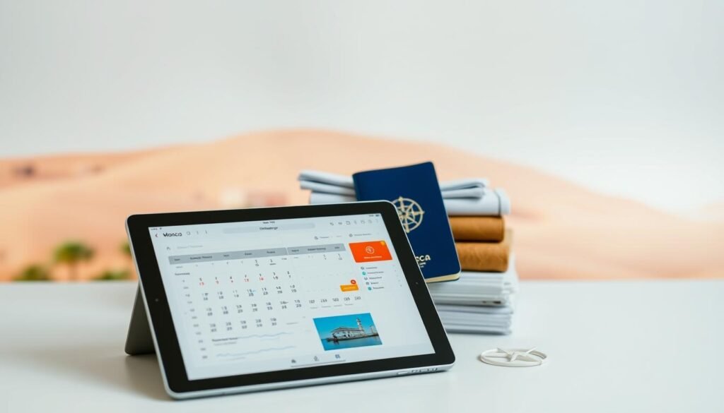 A simplified travel planning guide set against a clean, minimalist backdrop. In the foreground, a sleek tablet or laptop displays a well-organized itinerary, calendar, and travel information. In the middle ground, neatly stacked travel documents, a passport, and a stylized compass symbol suggest the efficient organization of a Morocco vacation. The background features a soft, blurred image of a Moroccan landscape, hinting at the destination. The overall mood is one of streamlined, hassle-free travel planning, capturing the essence of a "morocco travel agency in usa" experience. A simplified travel planning guide set against a clean, minimalist backdrop. In the foreground, a sleek tablet or laptop displays a well-organized itinerary, calendar, and travel information. In the middle ground, neatly stacked travel documents, a passport, and a stylized compass symbol suggest the efficient organization of a Morocco vacation. The background features a soft, blurred image of a Moroccan landscape, hinting at the destination. The overall mood is one of streamlined, hassle-free travel planning, capturing the essence of a "morocco travel agency in usa" experience.