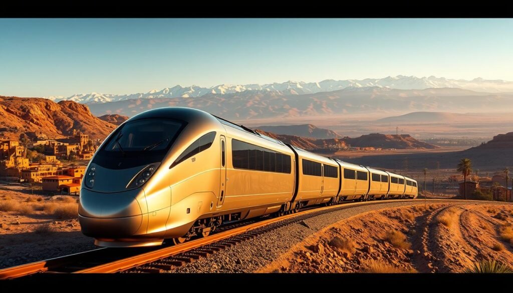 A sleek, modern high-speed train gliding through the breathtaking landscapes of Morocco. The train's aerodynamic design and gleaming metallic exterior reflect the warm desert sun, casting a golden glow over the scene. In the foreground, the train's powerful engine propels it forward, its wheels cutting through the smooth, winding tracks that stretch out into the distance. The middle ground is dominated by the train's impressive size and scale, with the carriages carrying passengers effortlessly through the rugged, mountainous terrain. In the background, a panoramic view of Morocco's iconic red-ochre buildings, palm trees, and distant snow-capped peaks creates a stunning, cinematic backdrop, evoking the country's rich cultural heritage and natural beauty.