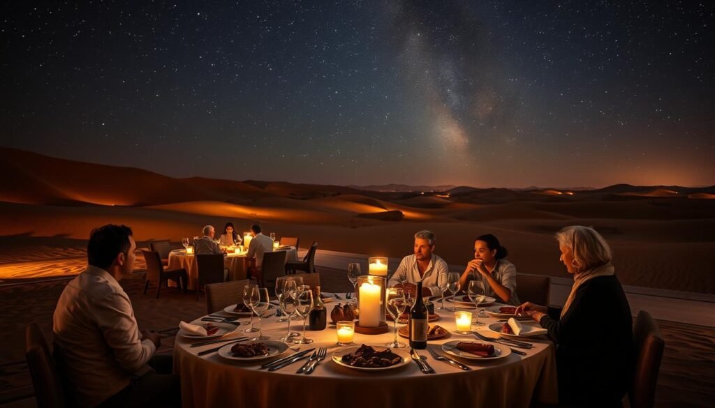 A sophisticated desert dining experience under the sweeping night sky. In the foreground, an elegant table with fine china, silver cutlery, and crystal glassware, bathed in the warm glow of candlelight. In the middle ground, a group of diners enjoying a sumptuous feast of exotic Moroccan delicacies, the scents of spices and slow-cooked meats filling the air. In the background, a vast expanse of sand dunes and undulating hills, punctuated by a canopy of twinkling stars that stretch to the horizon. The scene is suffused with a sense of tranquility and wonder, creating an unforgettable moment of true desert luxury. A sophisticated desert dining experience under the sweeping night sky. In the foreground, an elegant table with fine china, silver cutlery, and crystal glassware, bathed in the warm glow of candlelight. In the middle ground, a group of diners enjoying a sumptuous feast of exotic Moroccan delicacies, the scents of spices and slow-cooked meats filling the air. In the background, a vast expanse of sand dunes and undulating hills, punctuated by a canopy of twinkling stars that stretch to the horizon. The scene is suffused with a sense of tranquility and wonder, creating an unforgettable moment of true desert luxury.