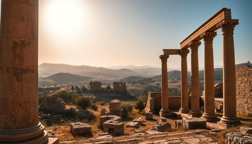 A sprawling ancient Roman city, Volubilis stands as a testament to the grandeur of the past. In the foreground, majestic columns rise, their intricate carvings and weathered stone inviting exploration. The middle ground reveals the remains of grand arches, their soaring silhouettes framing the rugged, sun-dappled landscape. In the distance, rolling hills dotted with olive trees provide a serene backdrop, the warm hues of the setting sun casting a golden glow over the entire scene. Capture the timeless elegance and captivating history of this remarkable archaeological site through a wide-angle lens, showcasing the impressive scale and breathtaking natural setting of Volubilis.