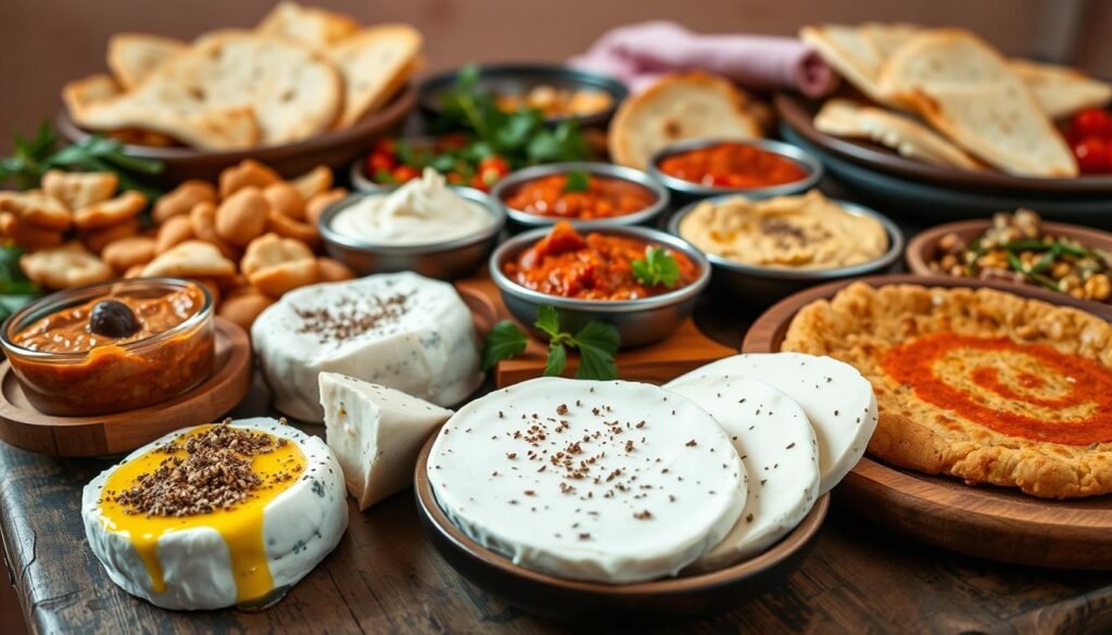 A sprawling display of savory Moroccan breakfast spreads, artfully arranged on a rustic wooden table. In the foreground, a selection of creamy white cheeses, drizzled with fragrant olive oil and sprinkled with aromatic za'atar. Beside them, a vibrant array of dips and spreads - silky hummus, zesty chermoula, and a rich, deeply spiced harissa paste. In the middle ground, freshly baked Moroccan flatbreads, their golden crusts beckoning to be torn and dipped. The background is a warm, neutral setting, allowing the colors and textures of the food to take center stage, bathed in the soft, diffused light of a Mediterranean morning. A sprawling display of savory Moroccan breakfast spreads, artfully arranged on a rustic wooden table. In the foreground, a selection of creamy white cheeses, drizzled with fragrant olive oil and sprinkled with aromatic za'atar. Beside them, a vibrant array of dips and spreads - silky hummus, zesty chermoula, and a rich, deeply spiced harissa paste. In the middle ground, freshly baked Moroccan flatbreads, their golden crusts beckoning to be torn and dipped. The background is a warm, neutral setting, allowing the colors and textures of the food to take center stage, bathed in the soft, diffused light of a Mediterranean morning.