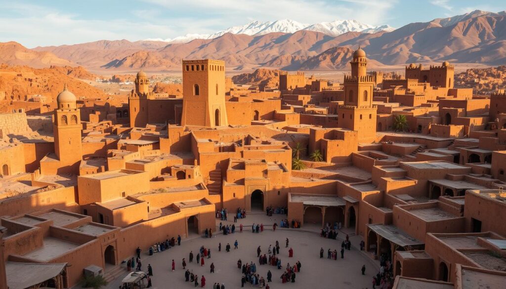 A sprawling fortified complex of reddish-brown clay and stone architecture nestled amidst rugged desert hills, with the majestic snow-capped Atlas Mountains rising in the distance. Narrow winding alleyways lead between towering mud-brick kasbahs, their intricate geometric patterns casting long shadows under the warm midday sun. In the foreground, a central plaza bustles with local merchants and travelers, their vibrant robes and wares adding pops of color to the scene. The overall mood is one of timeless, otherworldly grandeur - a cinematic marvel frozen in the timeless sands of the Sahara.