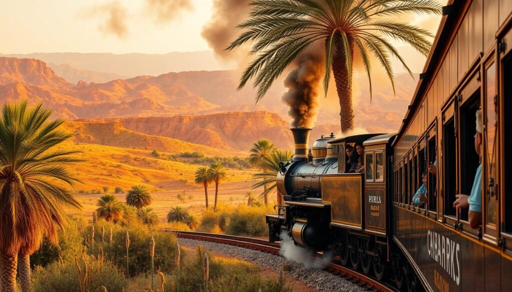 A stunning Moroccan train journey unfolds through the lush, rolling hills. In the foreground, a grand, vintage steam locomotive chugs along the tracks, its billowing smoke casting an atmospheric haze. Passengers peer out from the ornately decorated carriages, taking in the breathtaking vistas of rugged, ochre-hued mountains in the distance. The scene is bathed in warm, golden light, creating a sense of timeless charm and adventure. The composition is framed by lush palm trees swaying gently in the breeze, adding to the exotic, immersive ambiance. This cinematic landscape evokes the romance and mystique of North African travel, inviting the viewer to embark on their own Moroccan train odyssey.