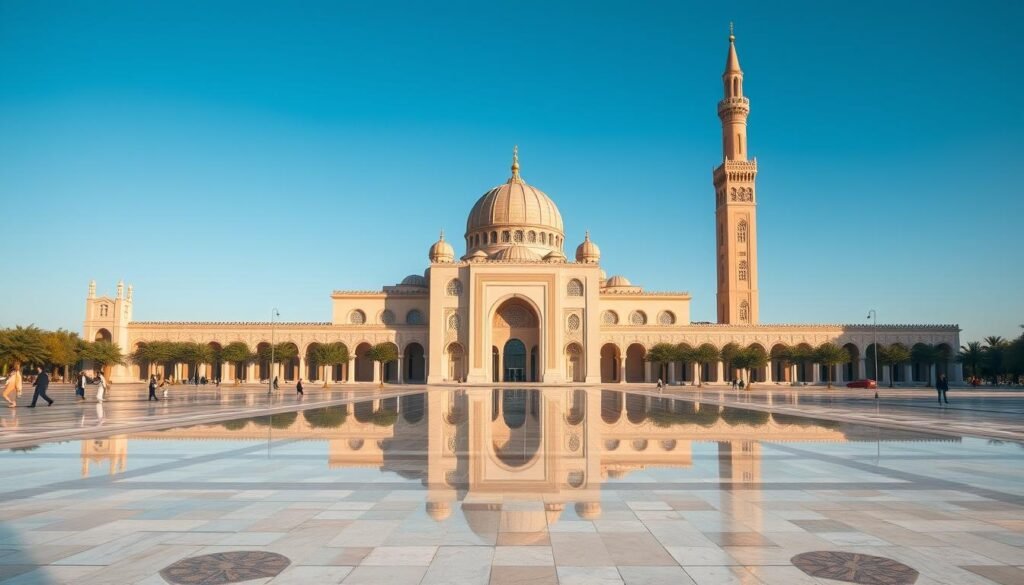 A stunning exterior view of the iconic Hassan II Mosque in Casablanca, Morocco. The grand domed structure rises majestically against a clear, azure sky, its ornate facades and towering minaret casting intricate shadows across the vast esplanade. In the foreground, a tranquil reflecting pool mirrors the mosque's ornate details, creating a serene and symmetrical composition. Worshippers and visitors stroll along the elegant, tile-paved plaza, conveying a sense of reverence and cultural significance. The lighting is soft and warm, accentuating the mosque's intricate carvings, arches, and dazzling tilework. Capture the grandeur, spirituality, and architectural prowess of this remarkable Moorish masterpiece.