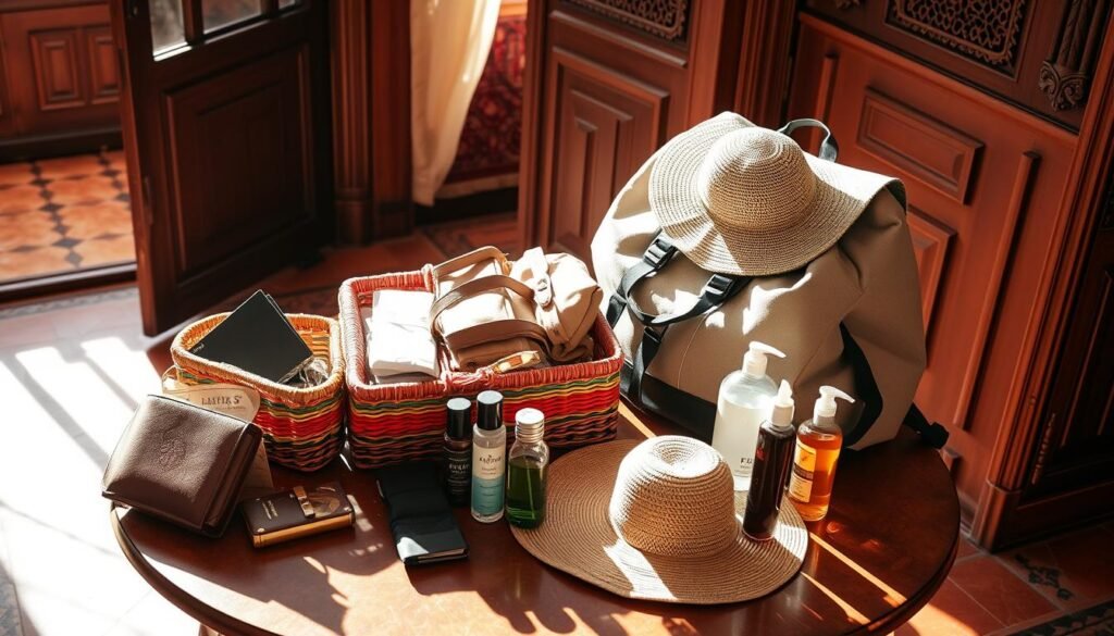 A sun-dappled table in a Moroccan riad, showcasing a curated collection of travel essentials: a leather passport holder, a vibrant woven basket, a sturdy canvas backpack, a foldable sun hat, and an array of toiletries in ornate glass bottles. The warm, earthy tones of the riad's terracotta tiles and the intricate woodwork provide a rich, cultural backdrop. Soft shadows cast by the gentle breeze through the open window create a sense of tranquility and anticipation for the journey ahead. The composition is balanced, highlighting the practical yet stylish packing items in a way that captures the essence of Moroccan travel preparation.