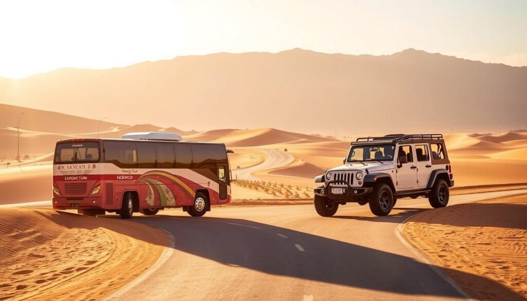 A sun-drenched Moroccan desert landscape, with a winding road leading through the golden dunes. In the foreground, two vehicles stand in contrast - a luxurious tour bus and a rugged off-road jeep. The tour bus, adorned with vibrant colors and patterns, represents the guided tour experience, while the jeep symbolizes the freedom and adventure of self-driving. In the background, a towering Atlas mountain range creates a majestic backdrop, hinting at the diverse terrain and experiences awaiting the travelers. Soft, warm lighting casts long shadows, evoking a sense of exploration and discovery. The scene captures the essence of the "Guided Tours Versus Self-Drive: Finding the Right Option" section, inviting the viewer to imagine their own Moroccan adventure.