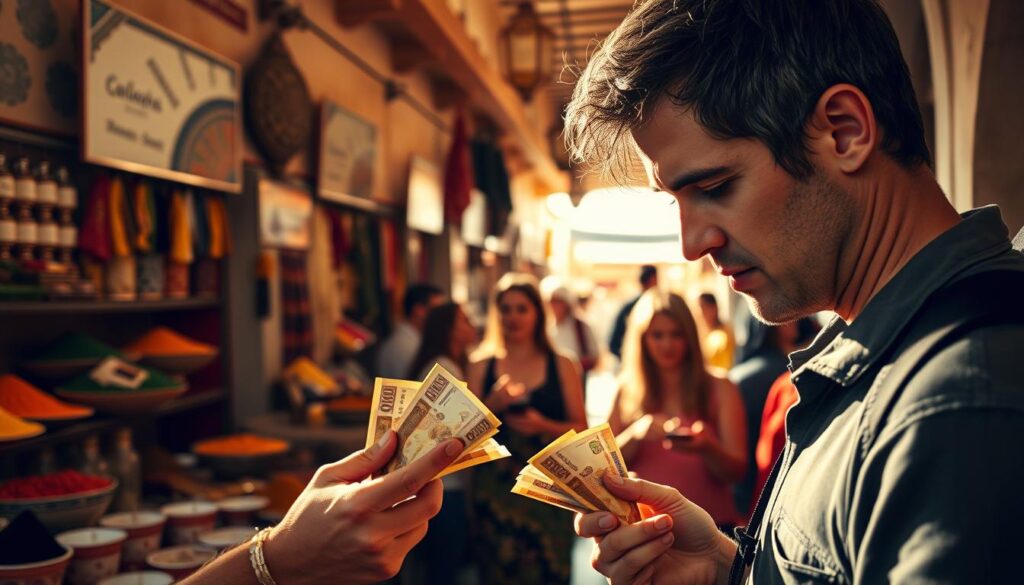 A sun-drenched Moroccan market bustles with activity. In the foreground, a traveler carefully examines local currency, brow furrowed in concentration. The middle ground captures a group of tourists animatedly discussing exchange rates, gesturing with hands. In the background, vibrant stalls overflow with spices, textiles, and handicrafts, hinting at the cultural immersion awaiting the intrepid explorer. Warm, diffused lighting casts a golden glow, evoking the spirit of discovery. The scene conveys the real-world experiences of seasoned travelers navigating the challenges and joys of foreign exchange.