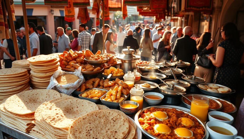 A sun-drenched Moroccan market stall, overflowing with a vibrant array of traditional breakfast options. In the foreground, a colorful display of freshly baked msemmen (layered flatbreads), harcha (semolina griddle cakes), and assorted pastries. The middle ground features steaming tagines of savory egg dishes, accompanied by fragrant bowls of mint tea and freshly squeezed orange juice. In the background, a bustling crowd of locals and tourists mingle, capturing the lively atmosphere of a Moroccan morning. The scene is bathed in warm, golden lighting, conveying a sense of comfort and abundance. The overall mood is one of authentic, budget-friendly Moroccan hospitality.