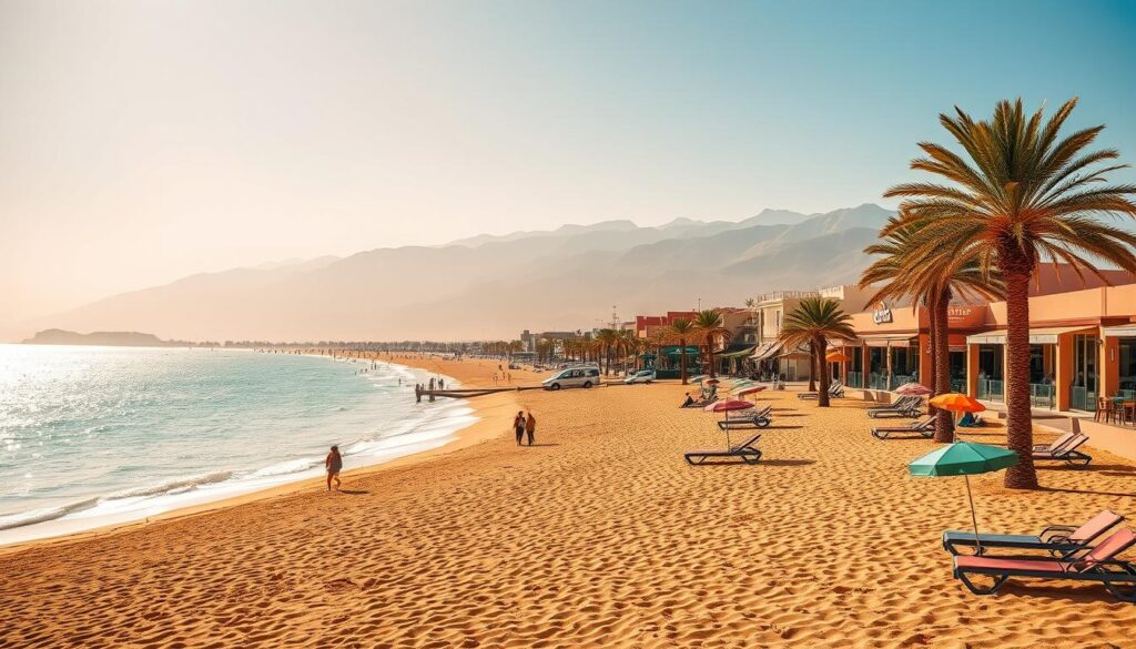 A sun-drenched beachfront resort along the sparkling Atlantic coast of Agadir, Morocco. In the foreground, colorful umbrellas and loungers dot the pristine golden sand, inviting visitors to relax and soak up the warm rays. The middle ground features a promenade lined with swaying palms and vibrant local shops, cafes, and restaurants. In the distance, the majestic Atlas Mountains rise, their snow-capped peaks creating a dramatic backdrop. The scene is bathed in a warm, golden light, capturing the essence of a luxurious yet authentic Moroccan beach vacation. A wide-angle lens and slightly elevated camera angle showcase the expansive, picturesque setting, conveying a sense of tranquility and escapism.