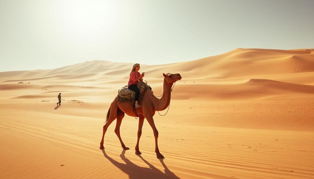 A sun-drenched desert landscape, with towering sand dunes in the distance. In the foreground, a lone Berber guide leads a majestic camel carrying a traveler across the golden expanse. The rider's face is alight with wonder, immersed in the timeless, enchanting experience. Warm, golden hues bathe the scene, captured through a wide-angle lens that emphasizes the vast, sweeping vistas. The camel's steady, unhurried stride evokes a sense of tranquility and adventure, inviting the viewer to imagine the boundless discoveries that await across this enchanting Saharan terrain. A sun-drenched desert landscape, with towering sand dunes in the distance. In the foreground, a lone Berber guide leads a majestic camel carrying a traveler across the golden expanse. The rider's face is alight with wonder, immersed in the timeless, enchanting experience. Warm, golden hues bathe the scene, captured through a wide-angle lens that emphasizes the vast, sweeping vistas. The camel's steady, unhurried stride evokes a sense of tranquility and adventure, inviting the viewer to imagine the boundless discoveries that await across this enchanting Saharan terrain.