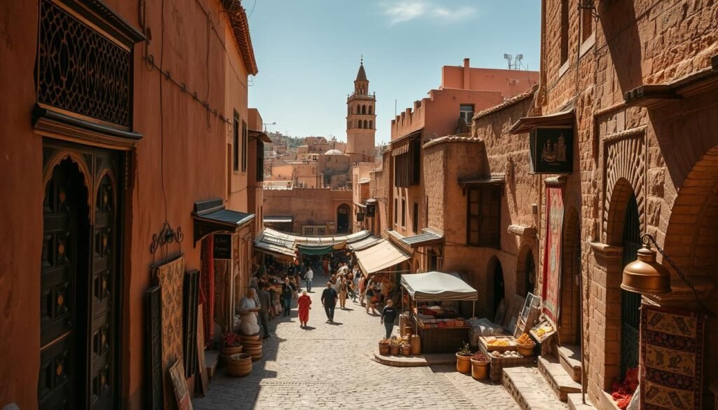 A sun-drenched medieval medina nestled within the ancient city of Fes, Morocco. In the foreground, winding cobblestone alleys flanked by towering adobe buildings, their intricate carved wooden doors and archways casting dramatic shadows. In the middle ground, a bustling marketplace filled with artisans hawking their wares - handwoven rugs, gleaming brass lanterns, fragrant spices. In the background, the iconic minaret of a historic mosque rises above the labyrinth of rooftops, its call to prayer echoing through the timeless streets. Warm light filters through the narrow passages, imbuing the scene with a sense of ageless wonder. Capture the timeless essence of this living, breathing time capsule, a window into Morocco's storied past.