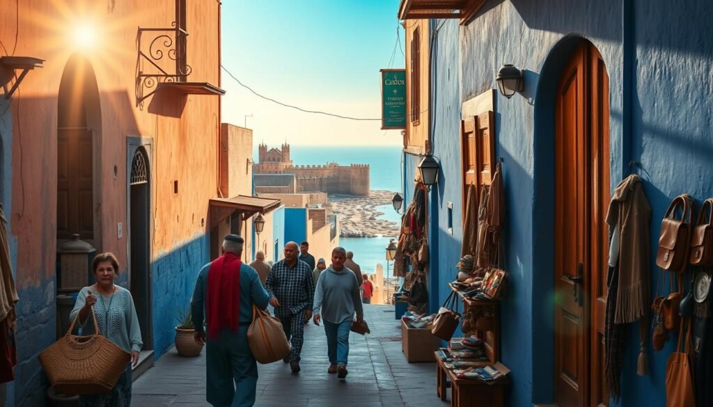 A sun-drenched street in Essaouira's historic medina, with traditional blue-painted buildings and wooden doors lining the narrow alleys. In the foreground, local residents navigate the bustling marketplace, carrying woven baskets and vibrant textiles. In the middle ground, a merchant's stall displays an array of handcrafted souvenirs and leather goods. The background is dominated by the iconic ramparts and the vast Atlantic Ocean, casting a serene, tranquil atmosphere. The lighting is warm and golden, capturing the essence of this enchanting Moroccan city. A cinematic, wide-angle lens composition emphasizes the sense of place and cultural immersion.