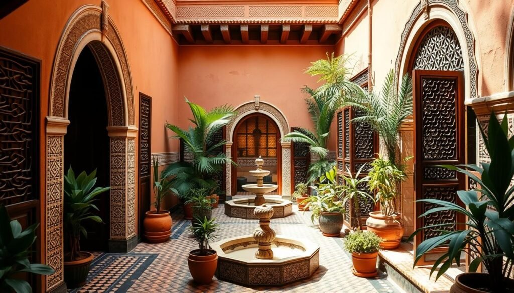 A sun-drenched, traditional Moroccan riad nestled in the heart of Marrakech's ancient medina. The ornate, geometric facade with its arched entryway and intricate tilework sets the scene. Step inside to discover a tranquil, open-air courtyard surrounded by ornate, intricate stone and tile work. Lush potted plants and a central fountain create a serene, oasis-like atmosphere. Warm, soft lighting filters through carved wooden screens, casting a golden glow over the scene. The camera captures this charming, intimate space from a slightly elevated angle, inviting the viewer to imagine themselves relaxing in this peaceful, luxurious Moroccan retreat.