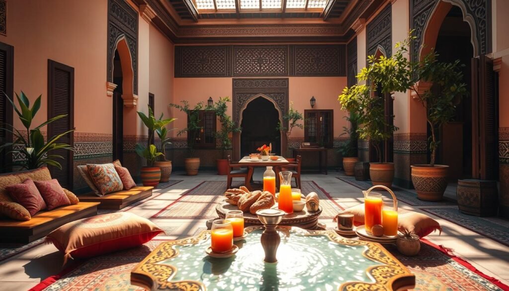 A sunlit breakfast in a traditional Moroccan riad courtyard. An ornate tiled fountain glistens in the foreground, surrounded by colorful cushions and woven rugs. In the middle ground, a wooden table is set with an array of freshly baked breads, juices, and local preserves. The background features intricately carved wooden arches and potted citrus trees, casting warm shadows across the scene. Warm light filters through the central skylight, creating a cozy, inviting atmosphere. The image evokes the tranquility and luxury of riad living, perfectly suited to illustrate a Moroccan travel itinerary. A sunlit breakfast in a traditional Moroccan riad courtyard. An ornate tiled fountain glistens in the foreground, surrounded by colorful cushions and woven rugs. In the middle ground, a wooden table is set with an array of freshly baked breads, juices, and local preserves. The background features intricately carved wooden arches and potted citrus trees, casting warm shadows across the scene. Warm light filters through the central skylight, creating a cozy, inviting atmosphere. The image evokes the tranquility and luxury of riad living, perfectly suited to illustrate a Moroccan travel itinerary.