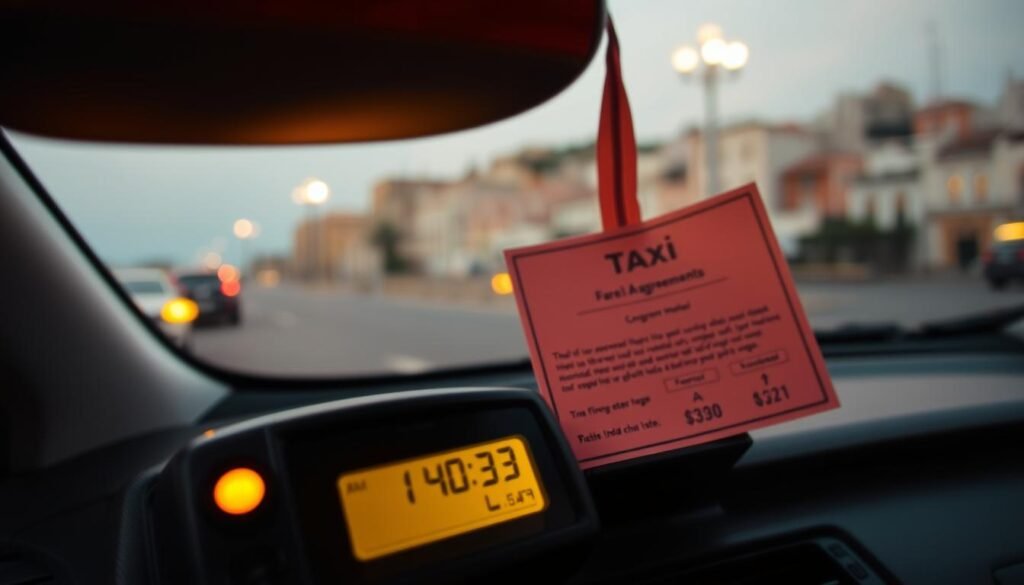 A taxi meter and fare agreements displayed on a dashboard, illuminated by warm, diffused lighting. The meter shows the current fare, with the agreed-upon rate and additional charges clearly visible. The background features a cityscape of Moroccan architecture, hinting at the local context. The composition emphasizes the importance of understanding the fare structure to avoid taxi scams, creating a sense of caution and awareness for the viewer.