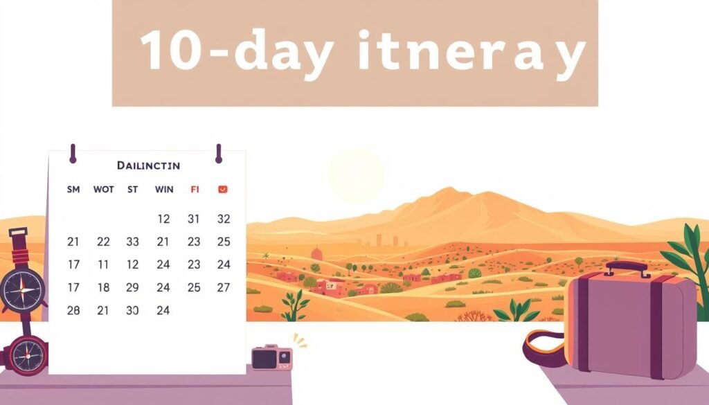 A thoughtfully crafted daily travel itinerary for a 10-day trip to Morocco, captured in a clean, minimalist illustration. The foreground features a sleek, modern calendar with the days clearly marked, alongside neatly arranged travel icons such as a compass, camera, and suitcase. The middle ground showcases a sun-drenched landscape with the iconic Atlas Mountains in the distance, conveying the vibrant colors and natural beauty of Morocco. The background is bathed in warm, golden light, creating a serene, aspirational mood. The overall composition is balanced, with a focus on simplicity and functionality to effectively communicate the "day-by-day plan" concept. A thoughtfully crafted daily travel itinerary for a 10-day trip to Morocco, captured in a clean, minimalist illustration. The foreground features a sleek, modern calendar with the days clearly marked, alongside neatly arranged travel icons such as a compass, camera, and suitcase. The middle ground showcases a sun-drenched landscape with the iconic Atlas Mountains in the distance, conveying the vibrant colors and natural beauty of Morocco. The background is bathed in warm, golden light, creating a serene, aspirational mood. The overall composition is balanced, with a focus on simplicity and functionality to effectively communicate the "day-by-day plan" concept.