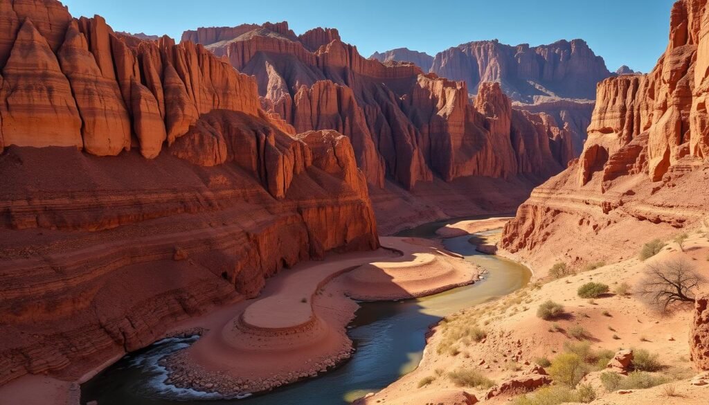 A towering expanse of ochre-hued cliffs, the Todra Gorge stands tall in the Moroccan Sahara. Sunlight dances across the weathered, jagged rock faces, casting dramatic shadows that accentuate the gorge's dramatic contours. In the foreground, a winding river meanders through the stark, arid landscape, its cool waters a stark contrast to the sun-baked surroundings. The middle ground features the rugged, undulating terrain, dotted with sparse desert vegetation that clings tenaciously to the unforgiving terrain. In the distance, the cliffs rise up, their majestic presence commanding the viewer's attention, evoking a sense of ancient grandeur and the timeless power of the natural world.