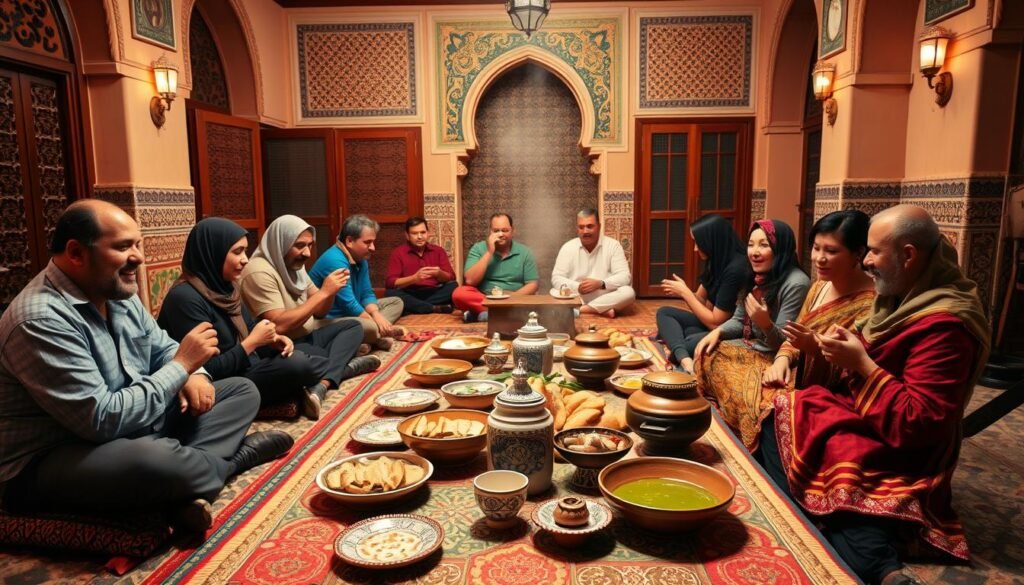 A traditional Moroccan dining setting, captured in warm, earthy tones. In the foreground, a low table adorned with vibrant Moroccan textiles and intricate ceramic plates, brimming with fragrant tagine dishes, steaming mint tea, and freshly baked Moroccan bread. In the middle ground, guests sit cross-legged on cushions, engaged in lively conversation, practicing the etiquette of eating with their hands. The background features ornate architectural elements, such as carved wooden screens and mosaic tile patterns, setting the scene for an immersive Moroccan dining experience. The lighting is soft and ambient, evoking a cozy, intimate atmosphere.