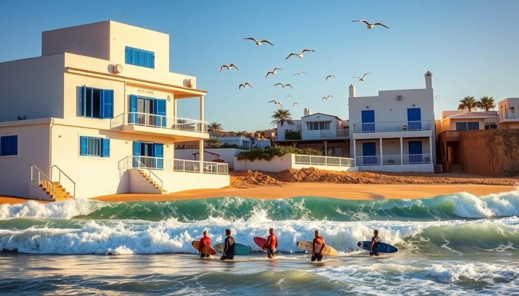 A tranquil beachfront hostel nestled in the picturesque seaside town of Taghazout, Morocco. The sun-dappled exterior exudes a laidback, surfer-chic vibe, with a wrap-around patio offering panoramic views of the crashing Atlantic waves. Vibrant blue shutters and a crisp white facade create a striking contrast against the golden sand and turquoise waters. In the foreground, a group of surfers emerge from the surf, boards in hand, ready to catch the next big swell. The scene is bathed in warm, golden-hour lighting, casting a soft, dreamy glow over the entire composition. Overhead, a flock of seagulls soar across a cloudless sky, completing the quintessential seaside atmosphere. A tranquil beachfront hostel nestled in the picturesque seaside town of Taghazout, Morocco. The sun-dappled exterior exudes a laidback, surfer-chic vibe, with a wrap-around patio offering panoramic views of the crashing Atlantic waves. Vibrant blue shutters and a crisp white facade create a striking contrast against the golden sand and turquoise waters. In the foreground, a group of surfers emerge from the surf, boards in hand, ready to catch the next big swell. The scene is bathed in warm, golden-hour lighting, casting a soft, dreamy glow over the entire composition. Overhead, a flock of seagulls soar across a cloudless sky, completing the quintessential seaside atmosphere.