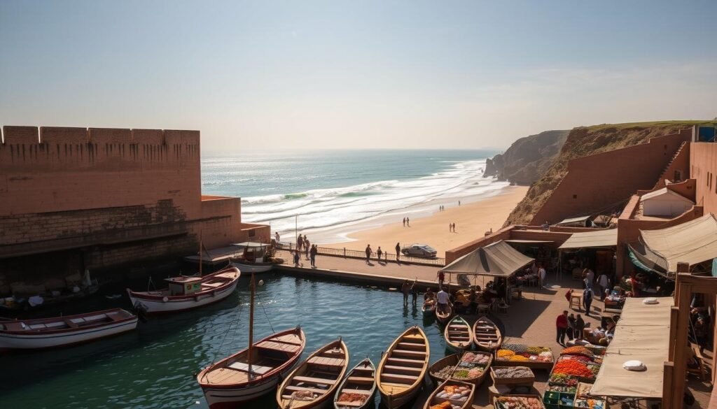 A tranquil coastal scene in Essaouira, Morocco: Warm sunlight glints off the weathered ramparts, casting dramatic shadows across the bustling fishing port below. In the foreground, a cluster of colorful traditional boats bobs gently in the turquoise waters, their freshly caught seafood displayed on the docks. The middle ground features a lively open-air market, where locals and visitors browse the stalls overflowing with vibrant produce and artisanal wares. In the distance, a wide, golden sand beach stretches out, dotted with couples and families strolling along the shore, framed by the rugged cliffs and rolling Atlantic waves. The overall atmosphere is one of relaxed, seaside charm and timeless Moroccan character. A tranquil coastal scene in Essaouira, Morocco: Warm sunlight glints off the weathered ramparts, casting dramatic shadows across the bustling fishing port below. In the foreground, a cluster of colorful traditional boats bobs gently in the turquoise waters, their freshly caught seafood displayed on the docks. The middle ground features a lively open-air market, where locals and visitors browse the stalls overflowing with vibrant produce and artisanal wares. In the distance, a wide, golden sand beach stretches out, dotted with couples and families strolling along the shore, framed by the rugged cliffs and rolling Atlantic waves. The overall atmosphere is one of relaxed, seaside charm and timeless Moroccan character.