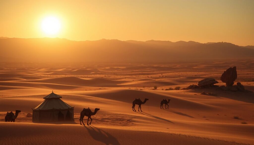 A vast desert landscape under the golden glow of the sun. In the foreground, a traditional Berber-style tent camp nestled among the rolling sand dunes. Rugged camels graze nearby, their silhouettes etched against the horizon. A middle ground filled with sparse desert vegetation and weathered rock formations. In the distance, towering mountain ranges cast long shadows, creating a serene and tranquil atmosphere. The scene is bathed in warm, diffused lighting, evoking a sense of adventure and solitude. A wide-angle lens captures the sweeping grandeur of this Saharan oasis, inviting the viewer to immerse themselves in the timeless beauty of Morocco's desert wilderness. A vast desert landscape under the golden glow of the sun. In the foreground, a traditional Berber-style tent camp nestled among the rolling sand dunes. Rugged camels graze nearby, their silhouettes etched against the horizon. A middle ground filled with sparse desert vegetation and weathered rock formations. In the distance, towering mountain ranges cast long shadows, creating a serene and tranquil atmosphere. The scene is bathed in warm, diffused lighting, evoking a sense of adventure and solitude. A wide-angle lens captures the sweeping grandeur of this Saharan oasis, inviting the viewer to immerse themselves in the timeless beauty of Morocco's desert wilderness.