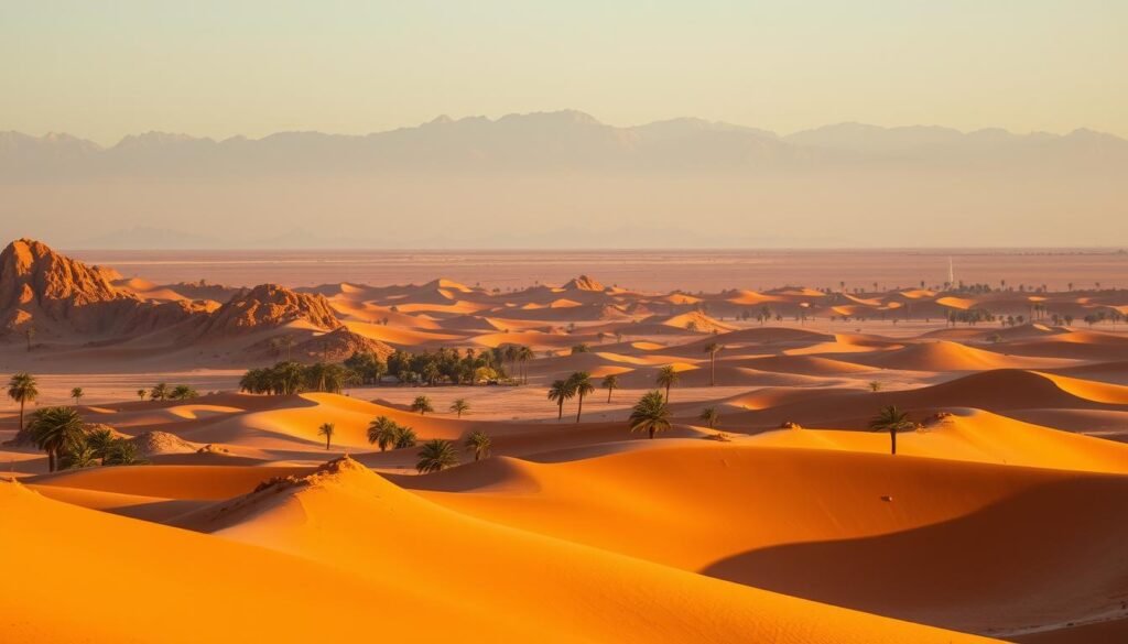 A vast desert landscape unfolds, stretching towards the horizon. In the foreground, rugged, ochre-hued dunes rise and fall, their undulating forms casting dramatic shadows under the warm, golden light of the North African sun. Scattered across the middle ground, clusters of palm trees sway gently in the soft breeze, hinting at the oases that dot this arid terrain. In the distance, the silhouettes of distant mountains loom, their jagged peaks etched against a cloudless, azure sky. This serene, timeless scene evokes the essence of Morocco's legendary Saharan wilderness, ready to be explored through budget-friendly tour packages.
