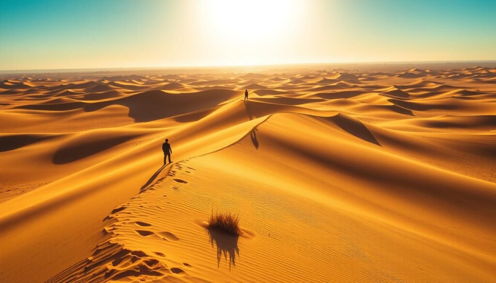 A vast expanse of golden dunes stretches out under the warm, golden glow of the desert sun. The iconic Erg Chebbi dunes rise and fall in elegant waves, their undulating slopes casting long shadows that create a mesmerizing play of light and shadow. In the foreground, a lone figure stands atop one of the towering dunes, silhouetted against the brilliant blue sky. The middle ground features a scattering of hardy desert vegetation, while the distant horizon is dotted with the hazy forms of more dunes, fading into the shimmering heat. Capture the timeless beauty and tranquility of this legendary Moroccan landscape through a wide-angle lens, showcasing the epic scale and grandeur of the Erg Chebbi dunes. A vast expanse of golden dunes stretches out under the warm, golden glow of the desert sun. The iconic Erg Chebbi dunes rise and fall in elegant waves, their undulating slopes casting long shadows that create a mesmerizing play of light and shadow. In the foreground, a lone figure stands atop one of the towering dunes, silhouetted against the brilliant blue sky. The middle ground features a scattering of hardy desert vegetation, while the distant horizon is dotted with the hazy forms of more dunes, fading into the shimmering heat. Capture the timeless beauty and tranquility of this legendary Moroccan landscape through a wide-angle lens, showcasing the epic scale and grandeur of the Erg Chebbi dunes.