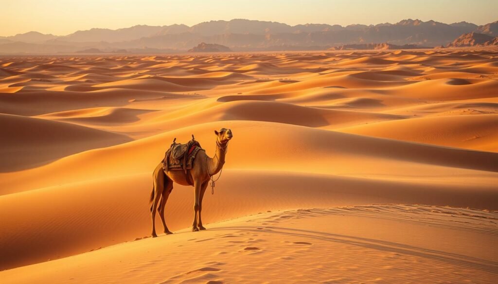 A vast expanse of golden sand dunes stretches across the horizon, their undulating curves casting long shadows under the warm, golden light of the setting sun. In the foreground, a lone Berber camel stands patiently, its weathered saddle and ornate trappings hinting at the adventurous journey to come. The middle ground is dotted with small, wind-sculpted dunes, their surfaces rippled by the gentle desert breeze. Behind them, the distant silhouettes of rugged, ochre-colored mountains rise up, creating a dramatic backdrop for the scene. The overall mood is one of tranquility and timeless, untamed beauty, inviting the viewer to imagine the wonder of a night spent under the endless expanse of the Saharan sky.