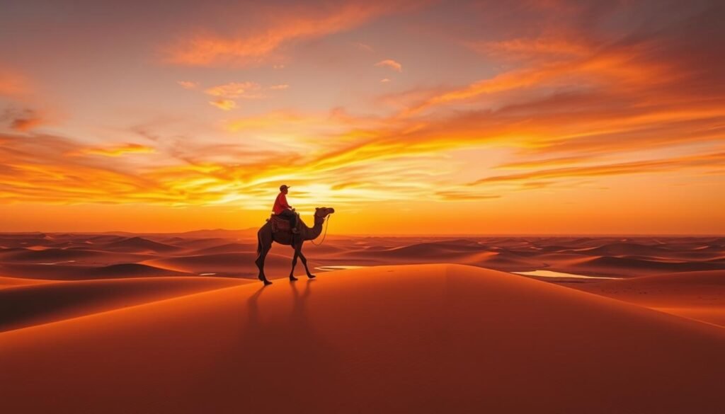 A vast, sun-drenched Saharan landscape unfolds, dominated by the towering, undulating dunes of Merzouga. In the foreground, a lone camel casts a long shadow as it treks across the golden sands, its rider silhouetted against the vibrant hues of a spectacular desert sunset. The sky is a breathtaking canvas of warm oranges and deep purples, reflecting in the small, ephemeral pools scattered across the dune field. In the distance, the horizon blends seamlessly with the sky, creating a sense of timeless, boundless solitude. The scene evokes the wonder and tranquility of a night under the stars in this remote, enchanting corner of Morocco.