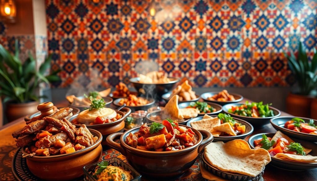 A vibrant Moroccan cuisine experience, showcasing an array of colorful dishes on a traditional ceramic platter. In the foreground, steaming tagines filled with aromatic spices, tender meats, and fragrant vegetables. Surrounding them, an assortment of small plates featuring freshly baked flatbread, vibrant salads, and fragrant herb garnishes. In the middle ground, a backdrop of intricate Moroccan tiles in rich hues, creating a captivating visual texture. Warm, golden lighting casts a cozy glow, evoking the welcoming ambiance of a Moroccan dining setting. The scene exudes the essence of Moroccan hospitality and the deep, complex flavors that define the country's culinary heritage.