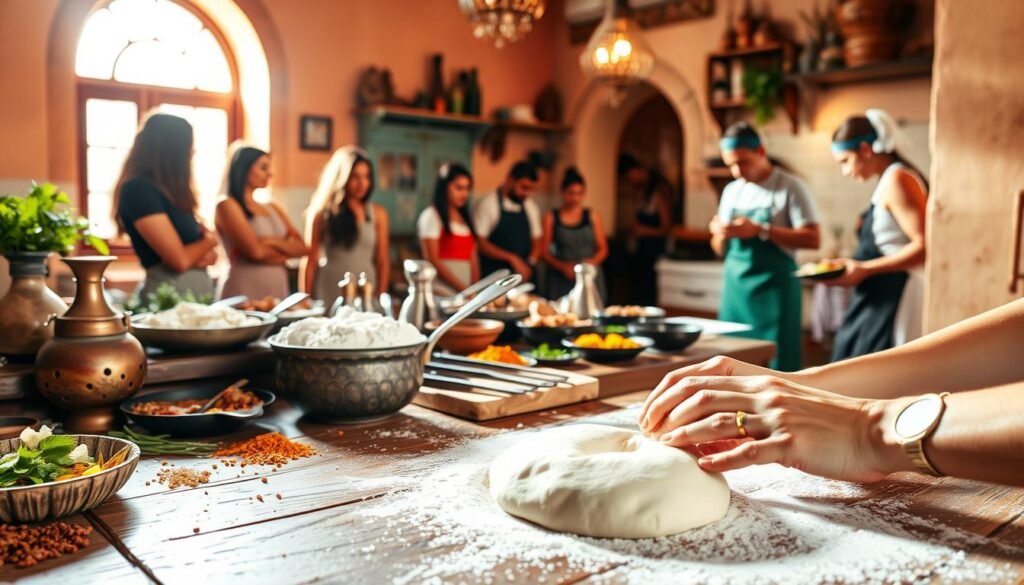 A vibrant Moroccan kitchen in Marrakech, warm sunlight streaming through arched windows. In the foreground, hands expertly kneading dough on a wooden table, flour dusting the surface. Middle ground features an assortment of spices, herbs, and colorful local ingredients. In the background, a group of students gathered around a cooking demonstration, watching intently as an instructor guides them through traditional Moroccan cooking techniques. The atmosphere is lively, filled with the aroma of simmering tagines and the sound of sizzling pans. A hands-on, immersive experience that transports you to the heart of Moroccan culinary tradition.