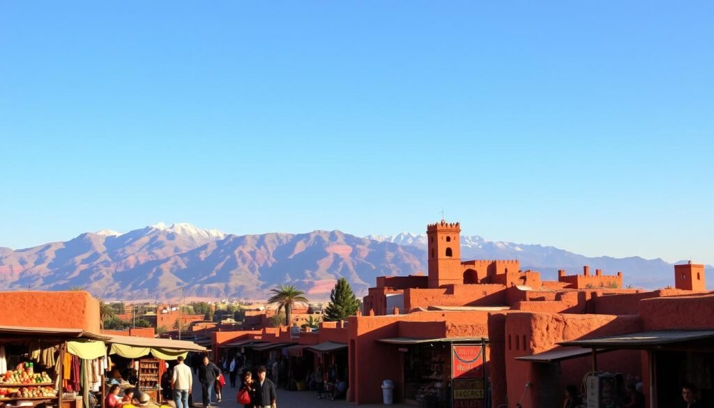 A vibrant Moroccan landscape, with the iconic red clay Kasbah of Aït Benhaddou standing tall in the foreground, its intricate mud-brick architecture bathed in warm, golden afternoon light. In the middle ground, a bustling Moroccan marketplace, filled with colorful spices, handcrafted goods, and lively vendors. Beyond, the majestic Atlas Mountains rise up, their snow-capped peaks piercing the clear, azure sky. The scene is imbued with a sense of timeless wonder and cultural richness, capturing the essence of Morocco's top attractions and the adventurous spirit of the journey.