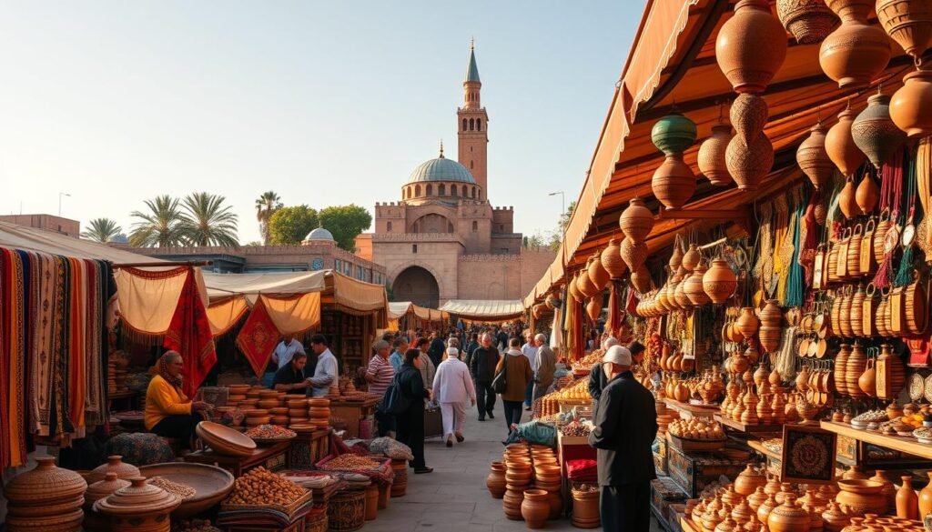 A vibrant Moroccan market bustling with activity, showcasing the rich cultural heritage of the country. In the foreground, a colorful array of traditional textiles, handcrafted pottery, and spices fill the stalls, their scents mingling in the warm, golden-hued sunlight. In the middle ground, local artisans demonstrate their skills, weaving intricate patterns and carving intricate designs. In the background, a towering mosque stands as a testament to the deep spiritual traditions of Morocco, its minarets reaching towards the clear, azure sky. The scene conveys the perfect blend of history, artistry, and community that defines the essence of Moroccan cultural events. A vibrant Moroccan market bustling with activity, showcasing the rich cultural heritage of the country. In the foreground, a colorful array of traditional textiles, handcrafted pottery, and spices fill the stalls, their scents mingling in the warm, golden-hued sunlight. In the middle ground, local artisans demonstrate their skills, weaving intricate patterns and carving intricate designs. In the background, a towering mosque stands as a testament to the deep spiritual traditions of Morocco, its minarets reaching towards the clear, azure sky. The scene conveys the perfect blend of history, artistry, and community that defines the essence of Moroccan cultural events.