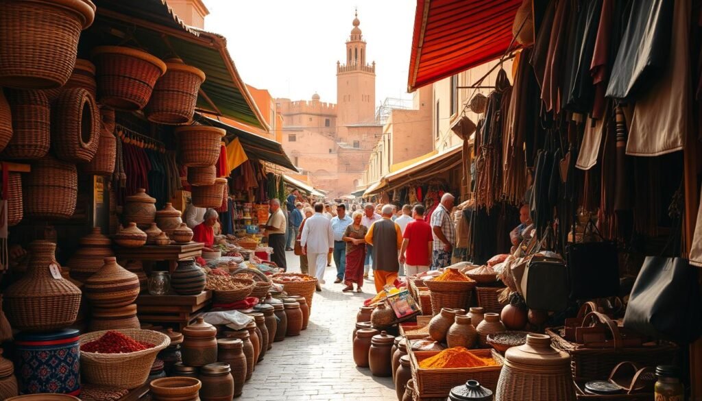 A vibrant Moroccan market scene, bathed in warm afternoon light. In the foreground, an array of colorful woven baskets, spice-filled jars, and handcrafted leather goods. In the middle ground, merchants haggling with customers, their voices echoing through the narrow alleyways. In the background, the iconic architecture of Marrakech's old town, with its terracotta rooftops and towering minarets. A sense of timeless tradition and cultural richness pervades the scene, inviting the viewer to immerse themselves in the rhythm and energy of Moroccan travel.