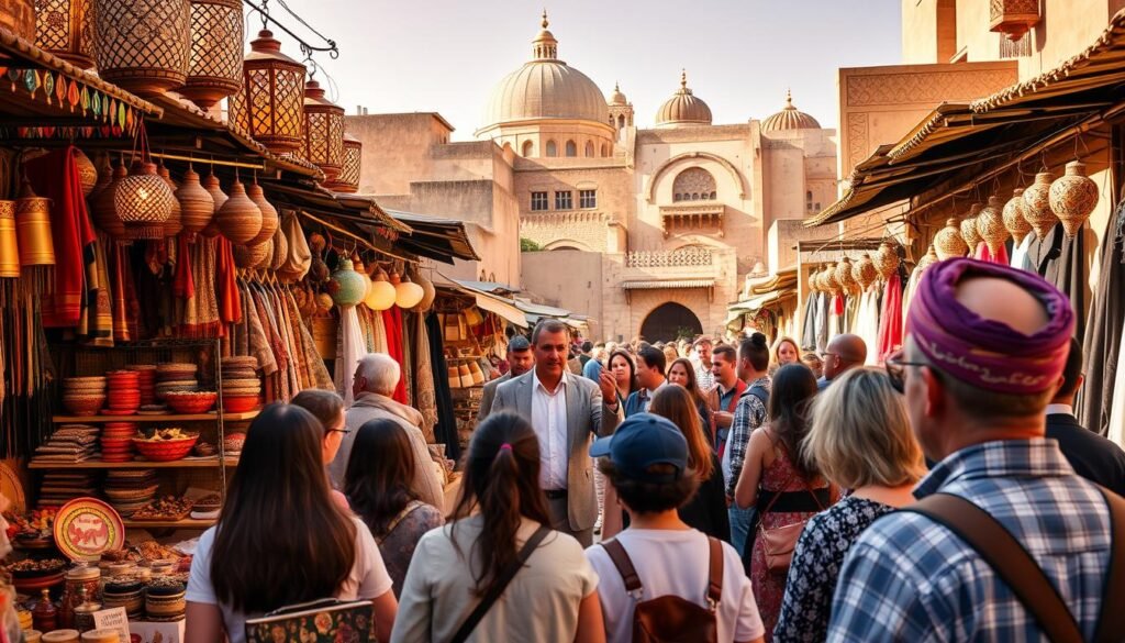 A vibrant Moroccan marketplace bustles in the foreground, vendors offering an array of traditional wares - colorful textiles, intricate lanterns, spices, and handcrafted leather goods. In the middle ground, a group of tourists gathers around a local tour guide, listening intently as they prepare for their guided exploration of the ancient city of Fez. The guide gestures animatedly, his traditional Moroccan attire complementing the scene. In the background, the iconic architecture of Fez's medina rises, its domed roofs and ornate details casting long shadows under the warm, golden light of the Moroccan sun.