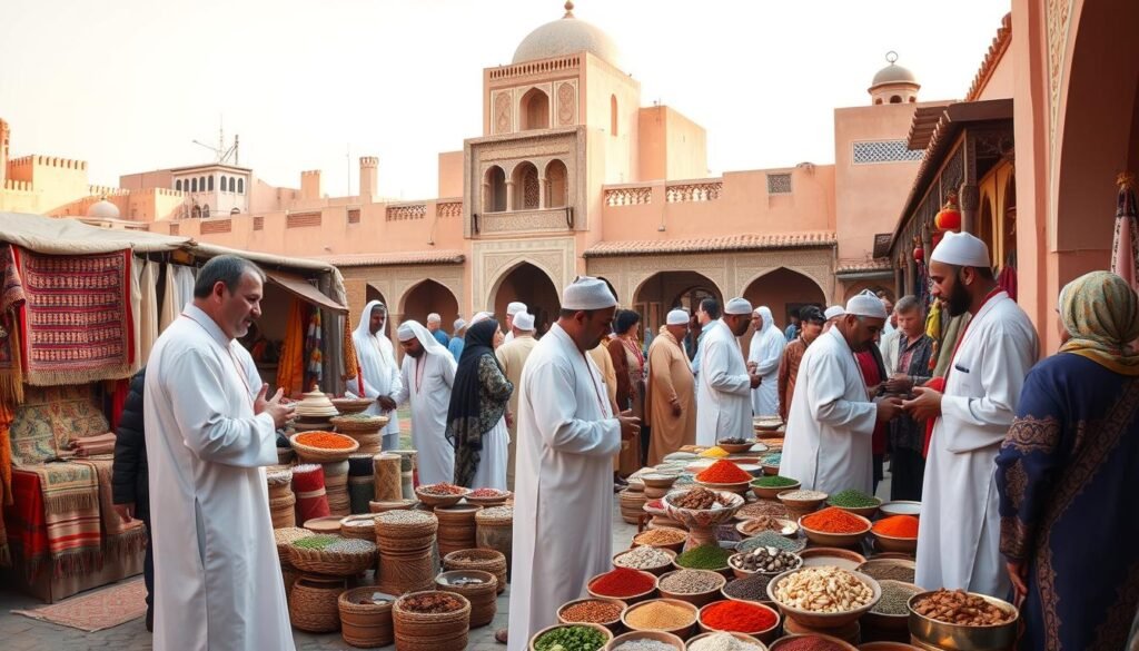 A vibrant Moroccan marketplace comes to life, bustling with activity. In the foreground, shopkeepers in traditional djellaba robes haggle with customers over handcrafted wares, their animated gestures and lively expressions capturing the essence of the local culture. The middle ground features a mosaic of colorful textiles, intricately patterned rugs, and an array of spices and herbs, their aromas wafting through the air. In the background, the iconic architecture of Moroccan buildings with their intricate tilework and ornate arches create a visually stunning backdrop, bathed in the warm glow of the North African sun. The overall scene conveys a sense of cultural richness, hospitality, and the unique social customs that define the Moroccan way of life.