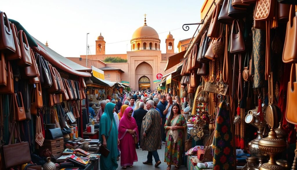A vibrant Moroccan marketplace unfolds, bustling with activity and color. In the foreground, a merchant's stall displays an array of handcrafted leather goods, vibrant textiles, and intricate metalwork. The middle ground is alive with haggling customers, their colorful traditional robes and headdresses creating a lively tapestry. In the background, the iconic domed architecture of Marrakech's medina rises, bathed in warm, golden light. The scene evokes a sense of cultural richness and the potential for affordable, immersive travel experiences. A wide-angle lens captures the dynamic composition, inviting the viewer to envision their own budget-friendly Moroccan adventure.