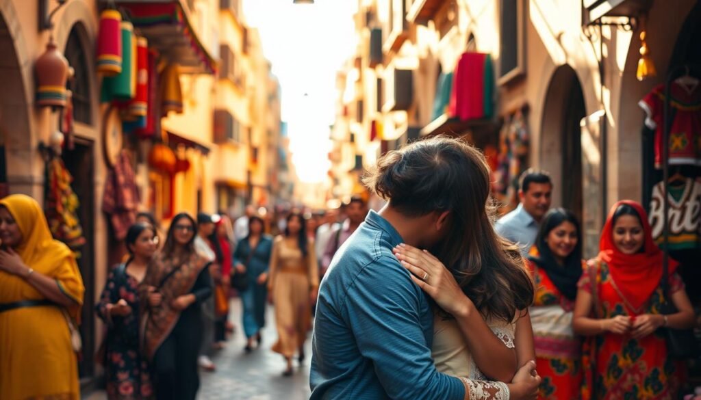 A vibrant Moroccan street scene, captured with a wide-angle lens. In the foreground, a young couple tenderly embraces, their body language conveying an intimate public display of affection. Around them, local residents and tourists navigate the bustling marketplace, their colorful traditional attire creating a lively backdrop. Warm, golden sunlight filters through the narrow alleys, casting a soft, romantic glow over the entire tableau. The overall atmosphere evokes the cultural norms and social etiquette that visitors to Morocco should be mindful of when engaging in public interactions.