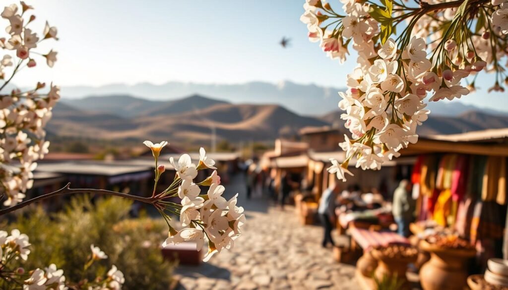 A vibrant almond blossom festival in a serene Moroccan countryside. In the foreground, clusters of delicate white and pink flowers sway gently in a warm breeze, their petals illuminated by soft, golden sunlight. In the middle ground, a traditional Moroccan marketplace bustles with local vendors selling an array of colorful textiles, spices, and handcrafted goods. In the background, rolling hills and snow-capped Atlas Mountains provide a majestic natural backdrop, creating a sense of tranquility and wonder. The overall scene evokes a timeless, authentic Moroccan atmosphere, capturing the essence of a regional celebration steeped in cultural tradition. A vibrant almond blossom festival in a serene Moroccan countryside. In the foreground, clusters of delicate white and pink flowers sway gently in a warm breeze, their petals illuminated by soft, golden sunlight. In the middle ground, a traditional Moroccan marketplace bustles with local vendors selling an array of colorful textiles, spices, and handcrafted goods. In the background, rolling hills and snow-capped Atlas Mountains provide a majestic natural backdrop, creating a sense of tranquility and wonder. The overall scene evokes a timeless, authentic Moroccan atmosphere, capturing the essence of a regional celebration steeped in cultural tradition.