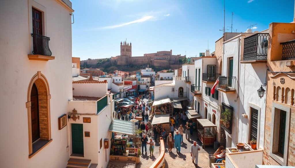 A vibrant and bustling Tangier Kasbah, the historical heart of the city, bathed in warm Mediterranean sunlight. In the foreground, narrow winding alleys lined with ancient whitewashed buildings, their intricate doorways and ornate balconies casting dramatic shadows. Midground, a bustling marketplace filled with local artisans and vendors, their colorful wares and animated interactions creating a lively scene. In the background, the iconic silhouette of the old city walls and towers, hinting at Tangier's storied past as a strategic coastal fortress. An atmosphere of timeless cultural exchange, where the aroma of spices and the sounds of haggling mingle with the call to prayer, all under a cloudless azure sky.