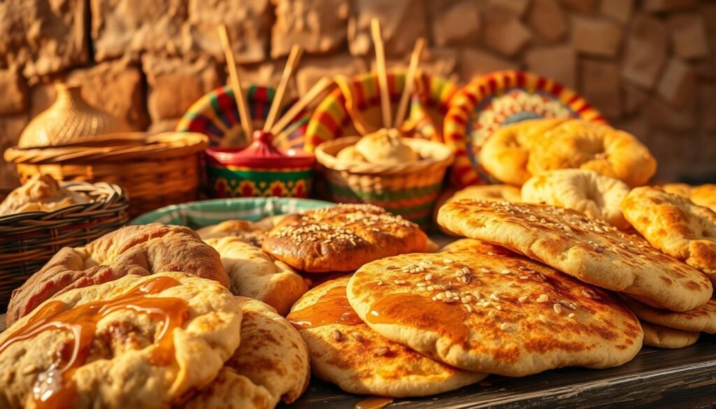 A vibrant and mouthwatering display of traditional Moroccan breads and pancakes, bathed in warm, golden light and framed against a backdrop of rich, earthy textures. In the foreground, an assortment of freshly baked breads - flaky msemmen, chewy khobz, and fluffy, golden beghrir pancakes, drizzled with honey and sprinkled with toasted sesame seeds. The middle ground showcases a selection of colorful, hand-woven Moroccan baskets, while the background features a weathered, terracotta-tiled wall, evoking the timeless essence of Moroccan culinary heritage. The scene exudes a sense of comfort, tradition, and the inviting aromas of a Moroccan morning. A vibrant and mouthwatering display of traditional Moroccan breads and pancakes, bathed in warm, golden light and framed against a backdrop of rich, earthy textures. In the foreground, an assortment of freshly baked breads - flaky msemmen, chewy khobz, and fluffy, golden beghrir pancakes, drizzled with honey and sprinkled with toasted sesame seeds. The middle ground showcases a selection of colorful, hand-woven Moroccan baskets, while the background features a weathered, terracotta-tiled wall, evoking the timeless essence of Moroccan culinary heritage. The scene exudes a sense of comfort, tradition, and the inviting aromas of a Moroccan morning.