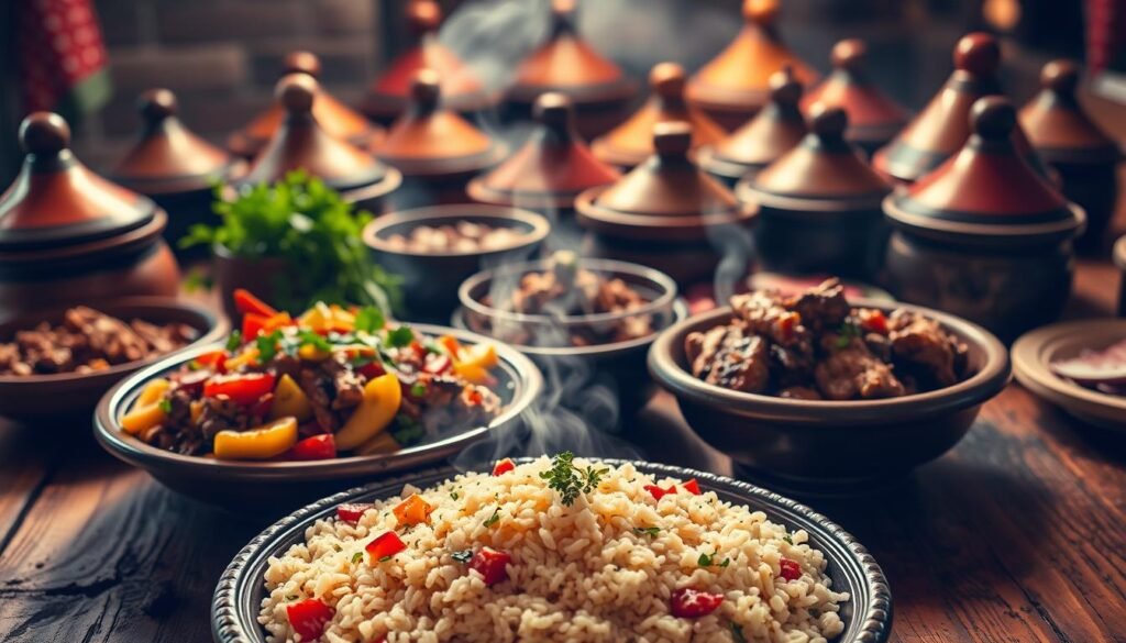 A vibrant arrangement of traditional Moroccan tagine dishes, brimming with aromatic spices and slow-cooked meats, rests upon a rustic wooden table. In the foreground, a platter of steaming couscous is surrounded by colorful vegetable medleys and fragrant herb garnishes. The middle ground showcases an array of tagine vessels in earthy hues, their distinctive conical lids hinting at the flavorful stews within. Soft, diffused lighting casts a warm, inviting glow, evoking the bustling energy of a Moroccan street market. The overall scene exudes the comforting, homemade essence of essential Moroccan cuisine, ready to delight the senses.