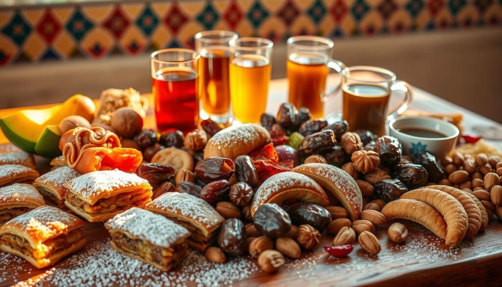 A vibrant array of Moroccan snacks and sweets cascading across a rustic wooden table, bathed in warm, golden light. In the foreground, a medley of colorful pastries dusted with powdered sugar, including flaky m'hanncha, sticky, honey-drenched baklava, and crescent-shaped ghraiba cookies. Interspersed among them are an assortment of chewy dates, glazed dried fruits, and fragrant spice-studded nuts. In the middle ground, tall glasses of refreshing mint tea and fragrant coffee beverages reflect the rich, earthy tones of the table's surface. The background showcases a hint of a vibrant, tiled Moroccan wall, hinting at the country's distinctive architectural heritage and cultural traditions.