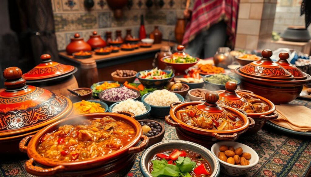 A vibrant, beautifully-lit tabletop scene of traditional Moroccan dishes, captured with a wide-angle lens to showcase the array of colors and textures. In the foreground, a variety of tagines - slow-cooked meat and vegetable stews - with fragrant steam rising from their ornate ceramic vessels. Behind them, platters of fluffy couscous, vibrant salads, and fresh flatbreads adorn the table. The middle ground features small dishes of olives, preserved lemons, and fragrant spices, while the background hints at the bustling Moroccan marketplace, with ornate tiled walls and rich fabric textures. The overall mood is one of warmth, authenticity, and the comforting, aromatic flavors of Moroccan cuisine. A vibrant, beautifully-lit tabletop scene of traditional Moroccan dishes, captured with a wide-angle lens to showcase the array of colors and textures. In the foreground, a variety of tagines - slow-cooked meat and vegetable stews - with fragrant steam rising from their ornate ceramic vessels. Behind them, platters of fluffy couscous, vibrant salads, and fresh flatbreads adorn the table. The middle ground features small dishes of olives, preserved lemons, and fragrant spices, while the background hints at the bustling Moroccan marketplace, with ornate tiled walls and rich fabric textures. The overall mood is one of warmth, authenticity, and the comforting, aromatic flavors of Moroccan cuisine.