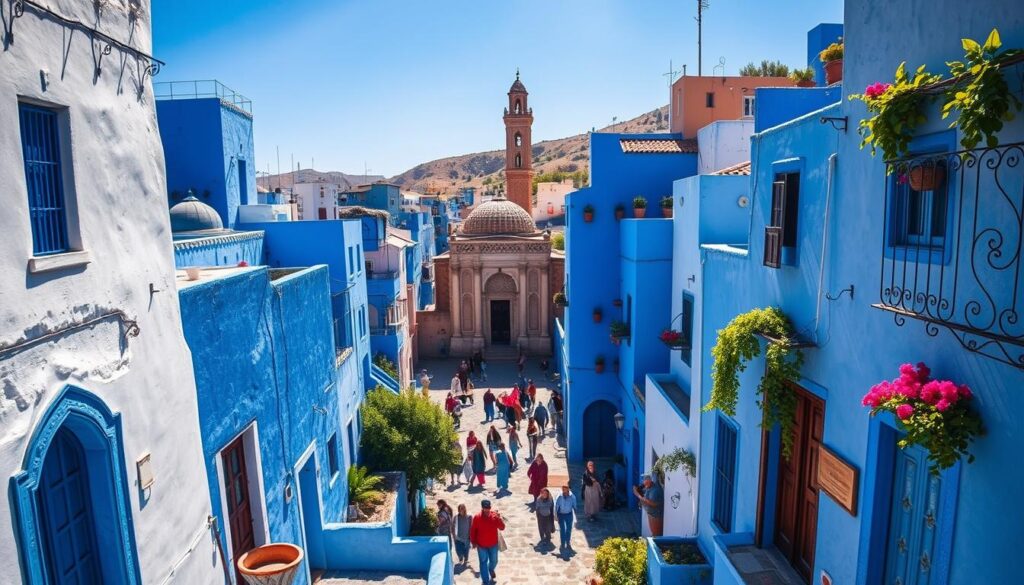 A vibrant cityscape nestled in the Rif Mountains, Chefchaouen, Morocco, a mesmerizing Blue City. Narrow alleyways wind through rows of striking indigo-hued buildings, casting deep shadows and reflecting the brilliant azure sky. Sunlight dances across whitewashed walls, illuminating intricate architectural details and ornate doorways. In the central square, a historic mosque stands tall, its minaret piercing the skyline. People stroll leisurely, their colorful traditional garments adding to the captivating, timeless atmosphere. Lush greenery spills from window boxes and rooftop gardens, complementing the soothing, tranquil ambiance. This picturesque Moroccan destination exudes a sense of serene beauty and cultural charm, a true feast for the senses.