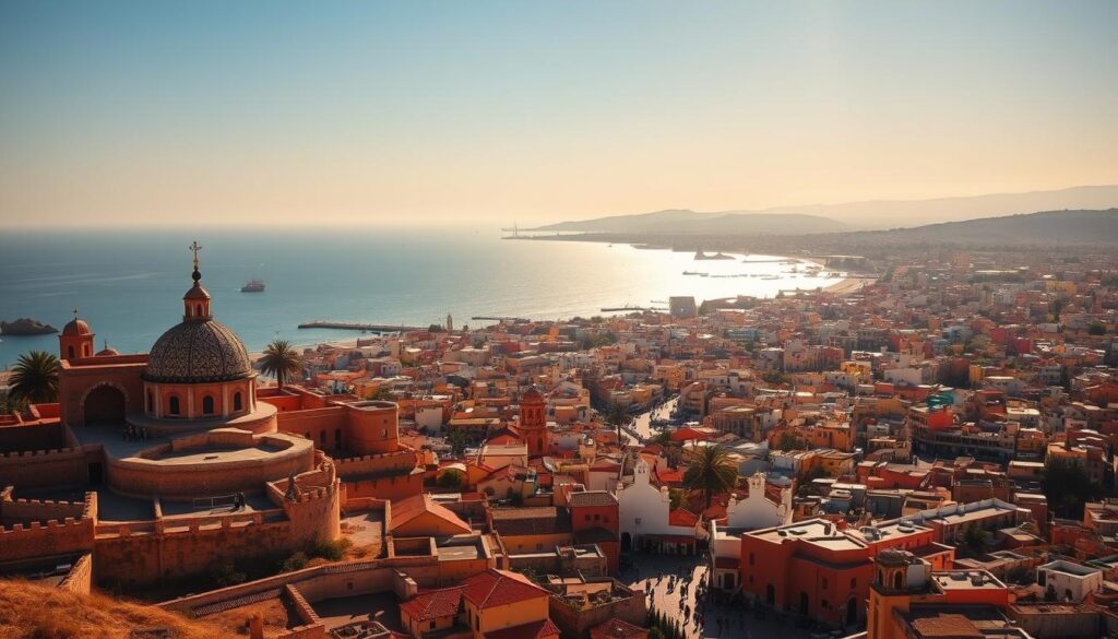 A vibrant cityscape of Tangier, Morocco, bathed in warm, golden light. In the foreground, the iconic Kasbah, a sprawling fortified palace with intricate architectural details and colorful tiled facades. In the middle ground, the bustling Medina, a labyrinth of narrow alleyways lined with traditional shops and spice markets. In the background, the shimmering Mediterranean Sea and the distant coastline of Africa, hinting at the city's strategic location as a gateway between Europe and the African continent. The scene exudes an atmosphere of cultural fusion, history, and the allure of the unknown, perfectly capturing the essence of Tangier as a unique and captivating Moroccan destination.