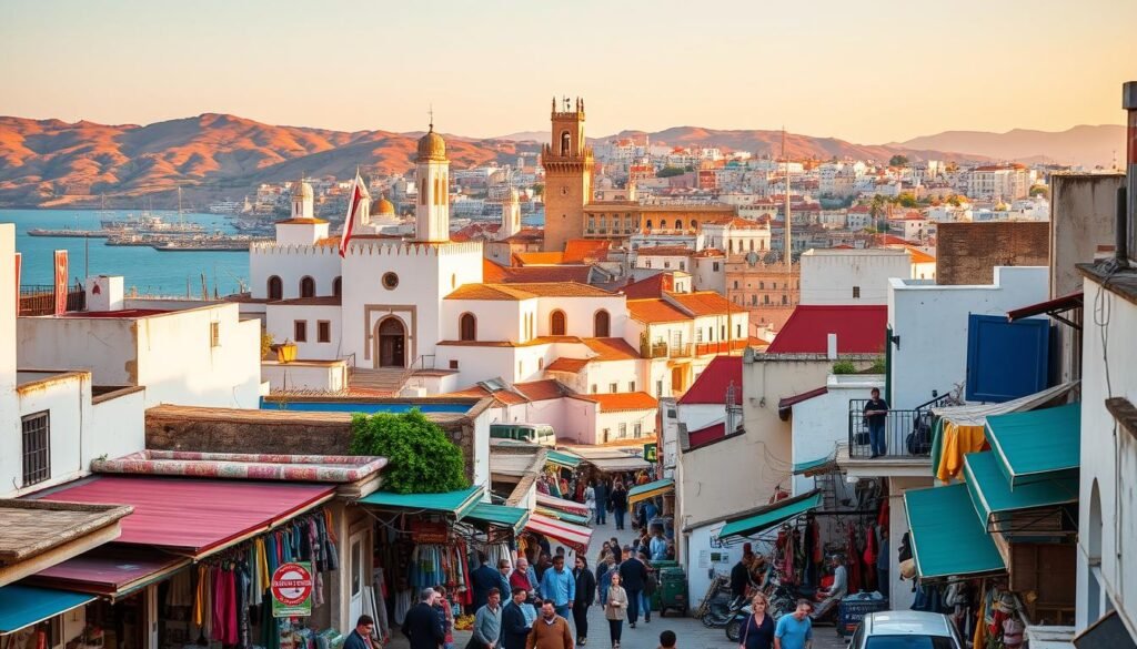 A vibrant cityscape of Tangier, Morocco, nestled between the azure waters of the Mediterranean and the rolling hills of the Rif Mountains. In the foreground, bustling souks and narrow alleys teeming with local merchants, their colorful wares spilling onto the cobblestoned streets. The middle ground showcases the iconic Kasbah, its whitewashed walls and ornate doorways bathed in warm, golden light. In the background, the historic Medina rises up, its minaret-topped skyline silhouetted against a cloudless sky. The scene exudes an intoxicating blend of ancient history and modern vibrancy, inviting the viewer to step into the captivating atmosphere of this dynamic Moroccan port city.