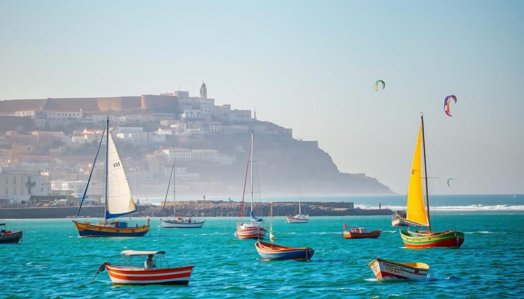 A vibrant coastal scene in Essaouira, Morocco. In the foreground, colorful fishing boats bob gently in the azure waters, their sails billowing in the steady ocean breeze. In the middle ground, the historic medina walls and picturesque white-washed buildings cascade down towards the seafront, their intricate architecture bathed in warm, golden sunlight. In the background, the Atlantic Ocean stretches out to the horizon, dotted with wind-powered kites and windsurfers gliding across the waves. A hazy, dreamlike atmosphere permeates the scene, capturing the charm and tranquility of this enchanting Moroccan coastal town.