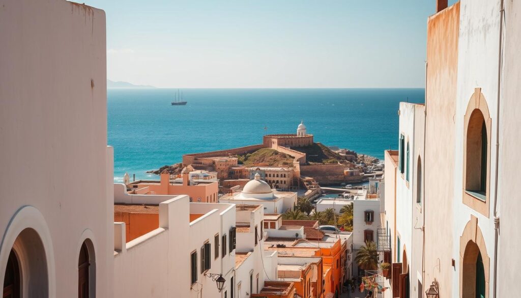 A vibrant coastal scene in Essaouira, Morocco. In the foreground, the iconic whitewashed buildings and bustling medina alleys, their intricate doorways and wind-swept walls bathed in warm afternoon sunlight. In the middle ground, the ancient city walls and the iconic Portuguese-era Skala du Port fortifications, overlooking the turquoise waters of the Atlantic. In the distance, the expansive horizon and the glistening blue ocean, with the silhouettes of fishing boats dotting the horizon. The scene exudes a timeless, serene atmosphere, capturing the essence of this historic Moroccan city.